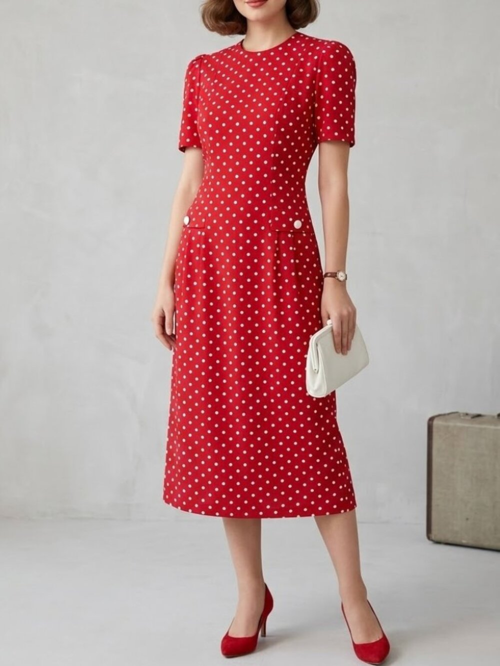 Vintage PERI Petites Red Polka Dot Drop Waist Dress Sz 14P USA Retro Rockabilly